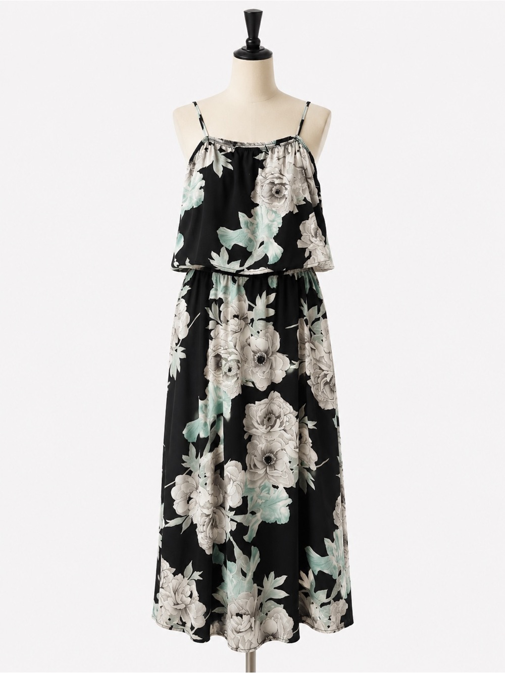 Floral Layered Spaghetti-Strap Midi Dress - Black/Mint